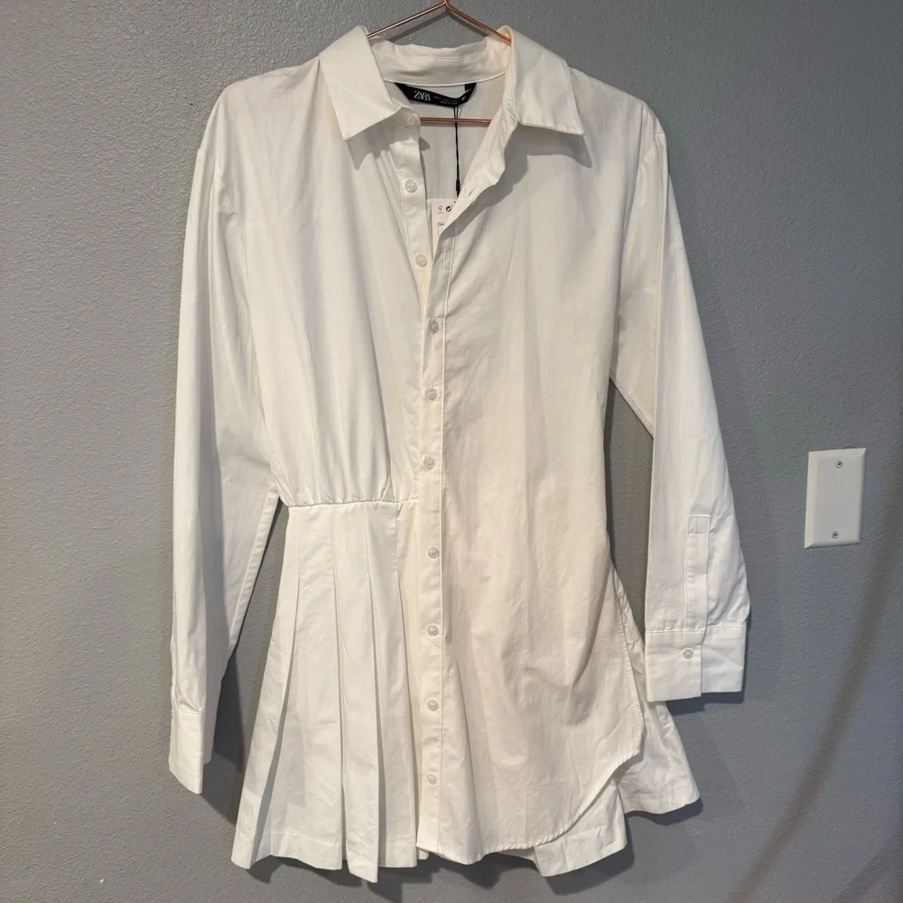 NWT Zara White Cotton Short Shirt Dress Size S Pleated - Picture 1 of 9